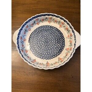 Ceramika z Boleslawca 501 Round Stoneware Pie Dish 10" Floral Handles